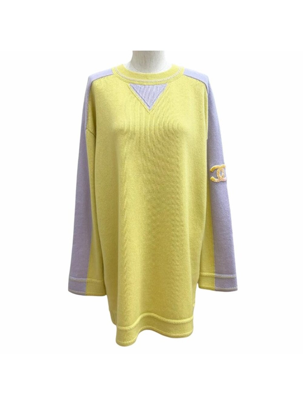 Chanel Cashmere 100% Oversized CC Logo Sequin Long Sleeve Tunic Yellow Purple 34